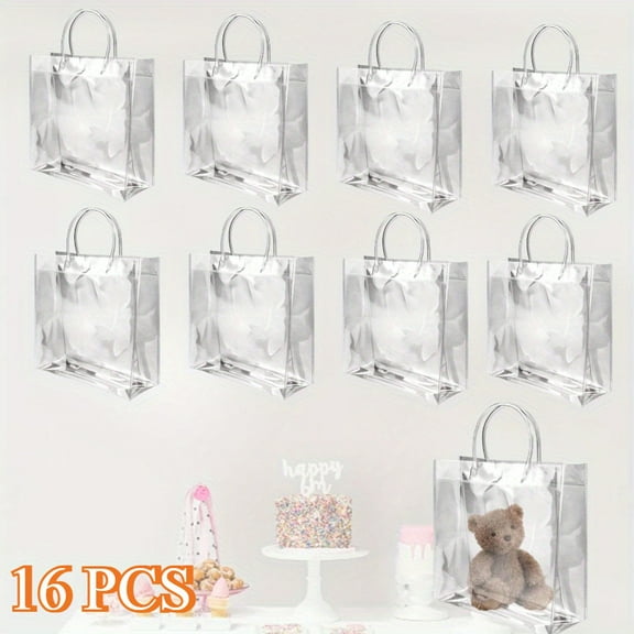 16-Pack Clear PVC Gift Bags with Handles, 8x8 Inch Reusable Tote Bags for Party Favors & Boutique Packaging