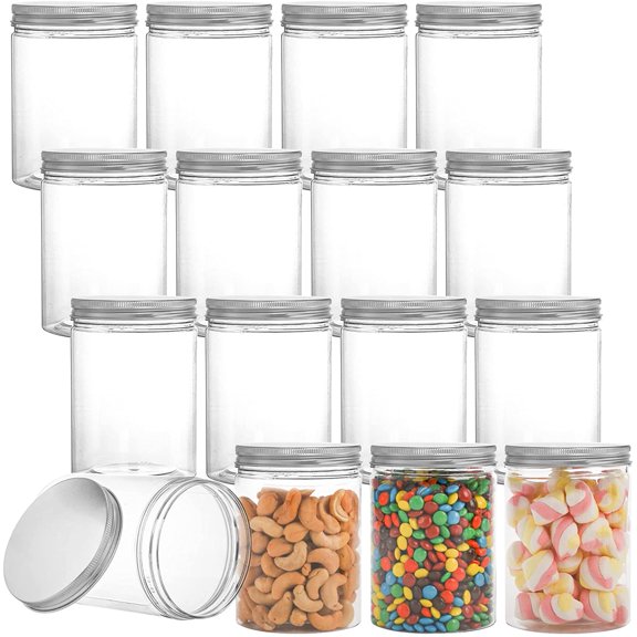 16 Pack Clear Plastic Jars Bottles Containers with Silver Ribbed Lids 20oz Straight Cylinders Storage Canisters for Food & Home Storage
