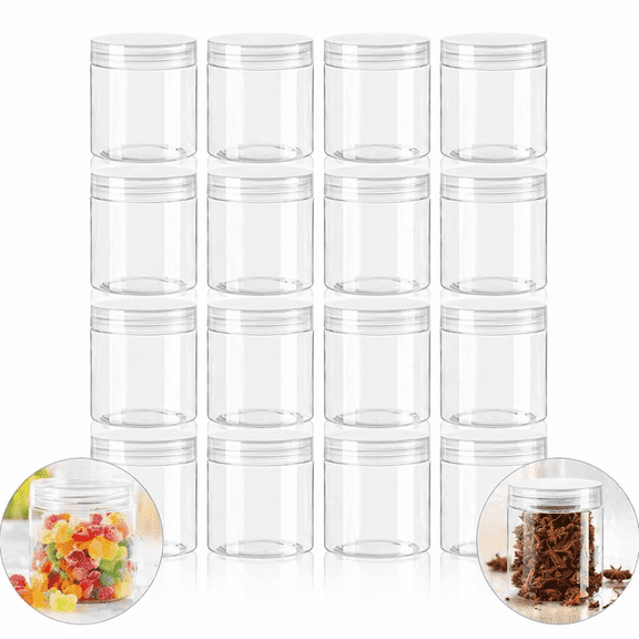 Artrylin 16 Pack 6oz Clear Plastic Jars with Lids  Wide-Mouth Refillable Storage Containers, Empty Round Canisters for Lotion, Cream, Bath Salts, Candy, Beads & Food Storage (PET Plastic)