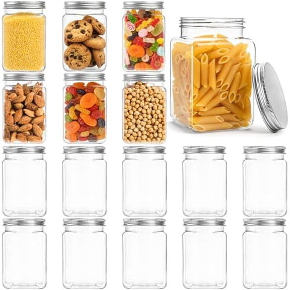 16 Pack Clear Plastic Jars with Lids, 16 OZ Wide-Mouth Refillable Storage Containers, Square Empty Plastic Storage Jars for Dry Food, Candy, Cookie, Peanut Butter, Honey$$