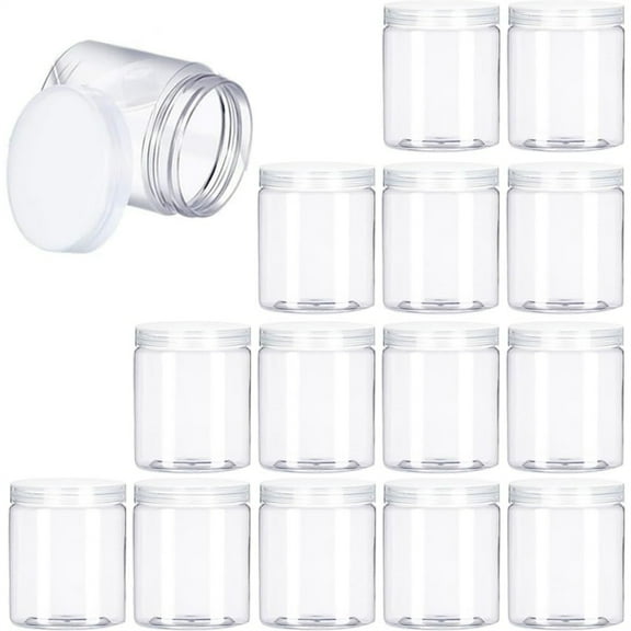 16 Pack Clear Plastic Jars with Lids, Round Wide Mouth Empty Containers, Airtight Sealed Storage for Candy, Spices, Cosmetics, Lotion, Samples & Dry Foods By HYG