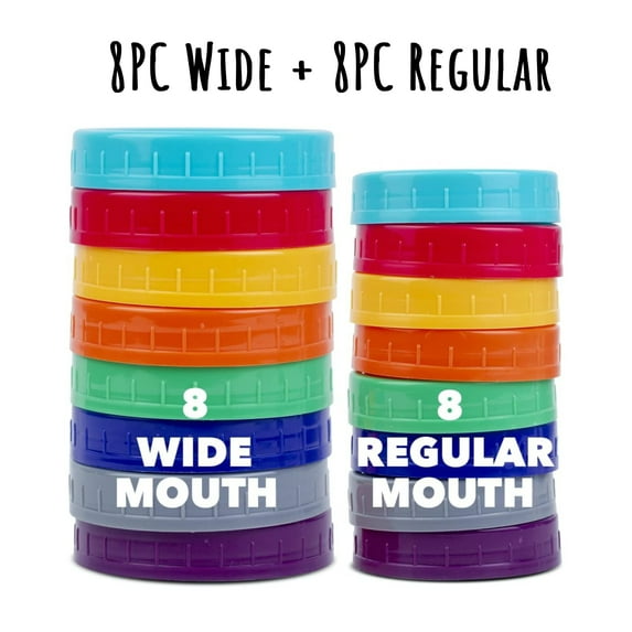 16 Pack Colored Mason Jar Lids For Ball, Kerr And More - 8 Regular Mouth & 8 Wide Mouth - Food-Grade Recyclable Storage Caps For Mason, 8*3.39In+8*2.56In