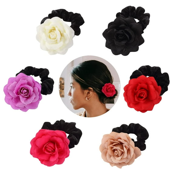 16 Pack Colorful Handmade Large Rose Flower Hair Bow Wreath Garland Elastic Stretchy Hair Ties Ponytail Holder Band Scrunchies Ring Decorative Accessories for Women Wedding Bridal Party