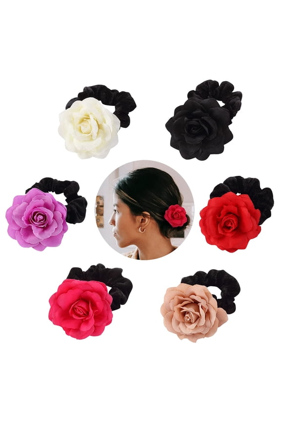 16 Pack Colorful Handmade Large Rose Flower Hair Bow Wreath Garland Elastic Stretchy Hair Ties Ponytail Holder Band Scrunchies Ring Decorative Accessories for Women Wedding Bridal Party