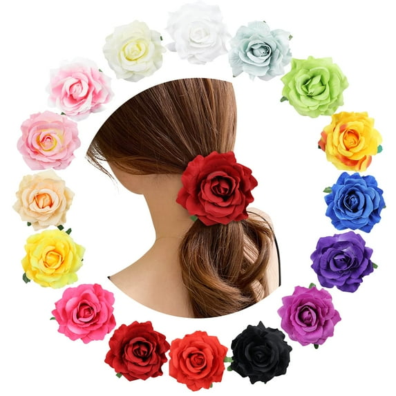 16 Pack Colorful Handmade Large Rose Flower Hair Bow Wreath Garland Elastic Stretchy Hair Ties Ponytail Holder Band Scrunchies Ring Decorative Accessories for Women Wedding Bridal Party