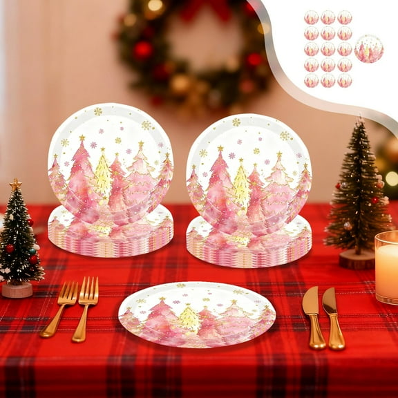 16-Pack Disposable Christmas Paper Plates Set Snowflake Tree Pattern Party Tableware for Holiday Gathering Dinnerware Pink Gold Festive Supplies(Pink-A)