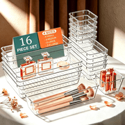 16 PCS Clear Plastic Stackable Drawer Organizer Bins, 4 Sizes Vanity Makeup Organizers for Cosmetics, Jewelry