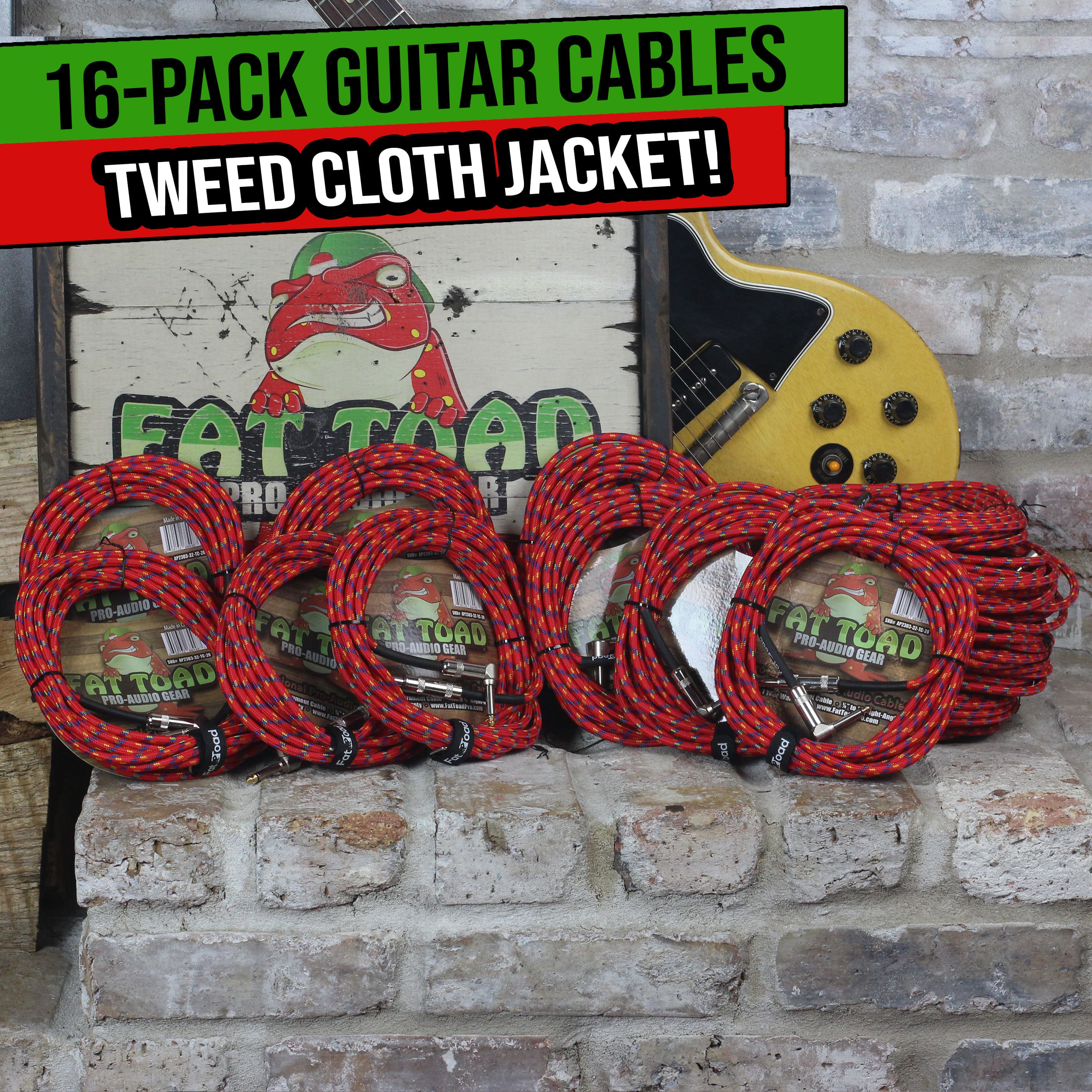 (16 Pack) Electric Guitar Cables | Fat Toad Woven TS 1/4 Plug Connecter Shielded