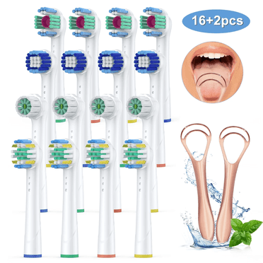 16 Pack Electric Toothbrush Replacement Heads Compatible with Oral B Braun Electric Toothbrush, with 2 rose gold tongue scrapers,4 Types Brush Heads