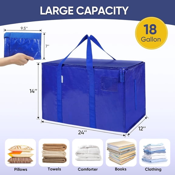 16 Pack Extra Large Moving Bags with Zippers & Carrying Handles, Heavy-Duty Storage Tote Moving Boxes for Space Saving (16 PK, 18 Gallon)