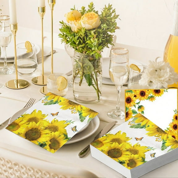 16-Pack Fall Sunflower Napkins Thanksgiving Party Supplies, 6.5x6.5in Decorative Paper Napkins for Autumn Table Decor, Waterproof Harvest-Themed Dinnerware