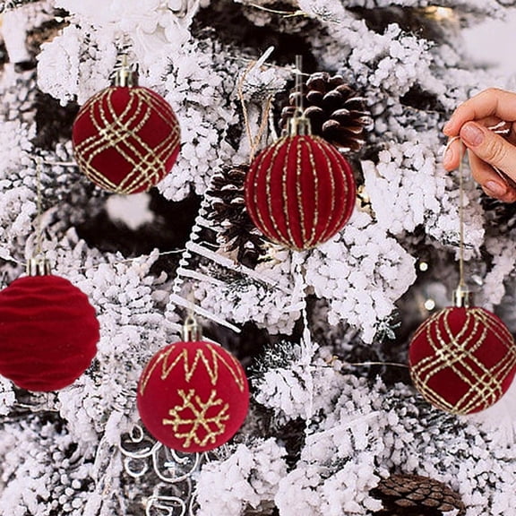 16 Pack Flocked Velvet Christmas Ball Ornaments Set, 2.36 in Assorted Glitter Patterned Shatterproof Velvet Tree Hanging Baubles Set for Christmas Tree Party Home Holiday Decor
