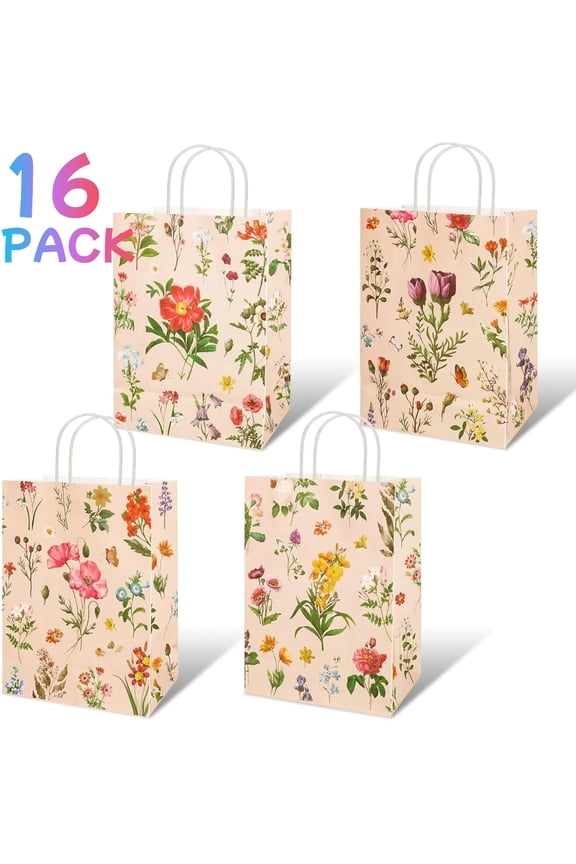 16 Pack Floral Gifts Bags with Handle, Vintage Style Wildflowers Gift Bags, Kraft Paper Flower Party Favor Bags for Birthday Wedding Bridal Shower Baby Shower and More
