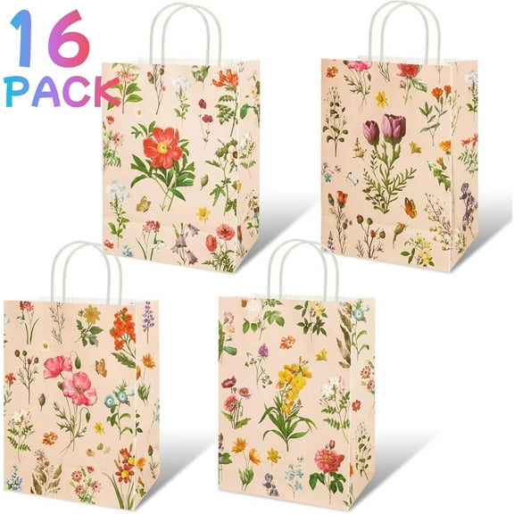 16 Pack Floral Gifts Bags with Handle, Vintage Style Wildflowers Gift Bags, Kraft Paper Flower Party Favor Bags for Birthday Wedding Bridal Shower Baby Shower and More
