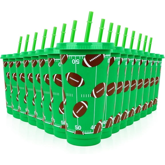 16 Pack Football Plastic Cups with Lids and Straws 24oz Reusable Tumbler Football Cups Water Bottle Bulk for Birthday Sport Themed Party Favors Game Day Tailgate Party Supplies Team Gifts