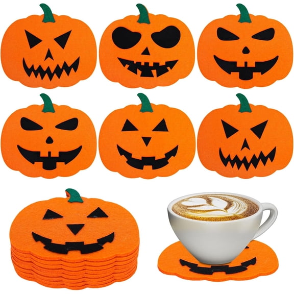 16 Pack Halloween Pumpkin Coasters, Felt Drink Coasters, Orange and Black Non-Slip Cup Mats, Table Coasters for Home, Kitchen, Office and Halloween Party Decor