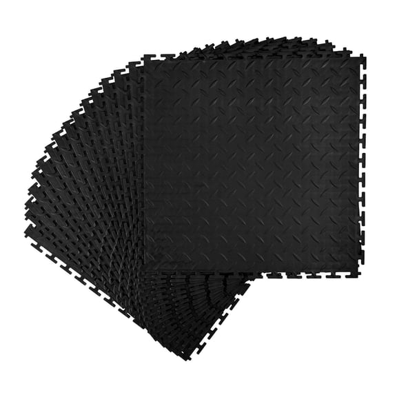 16 Pack Interlocking Garage Floor Tiles 20.2x20.2x0.2 Inch Diamond Plate Slip Resistant PVC Mats for Workshop Warehouse Tool Room Black