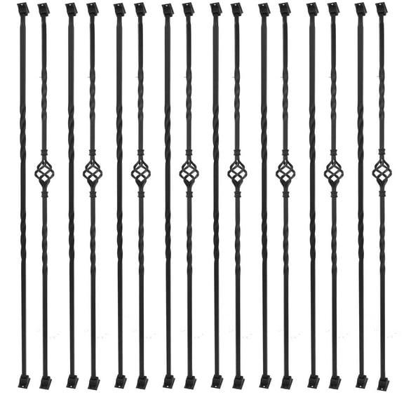 16 Pack Iron Balusters for Staircase Stair Spindles Hollow Single Basket with Double Twist 1/2" Square Metal Stair Balusters with 20 Baluster Swivel Shoes