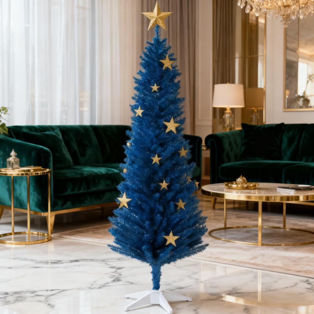 6ft Unlit Blue Pencil Christmas Tree 390 Tips Easy Assembly Plastic Base Small Space Holiday Decor