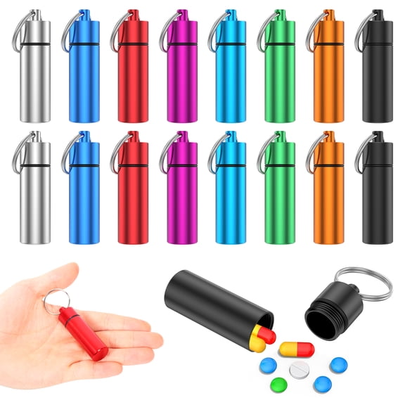 16 Pack Keychain Pill Holder Small Portable Pill Organizer Case with Waterproof Sealing Ring Aluminum Alloy for Home Traveling