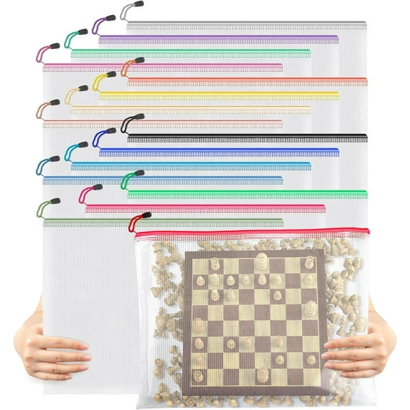 16 Pack Large Zipper Bags 16.9x12.4 in, Mesh Zipper Document Pouch for Organizing, Storage Bags with Zipper for Board Game, Puzzles, Sewing Project, Travel Supplies
