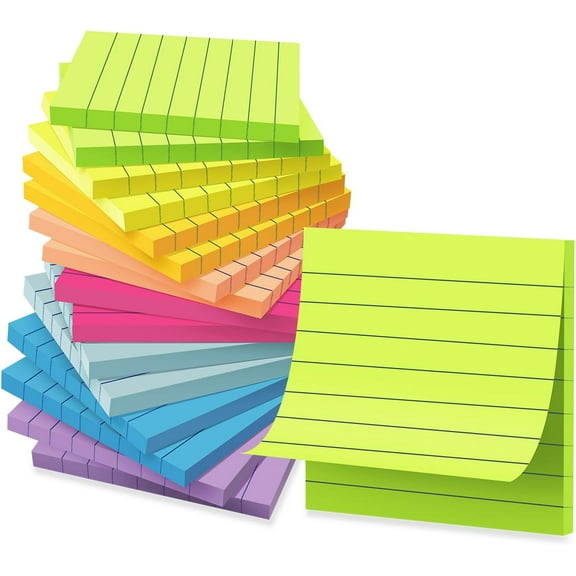(16 Pack) Lined Sticky Notes 3x3 in Ruled Stickies Super Sticking Power Memo Pads Bright Colors, Post on Windows Doors,Recyclable,Easy to Write on