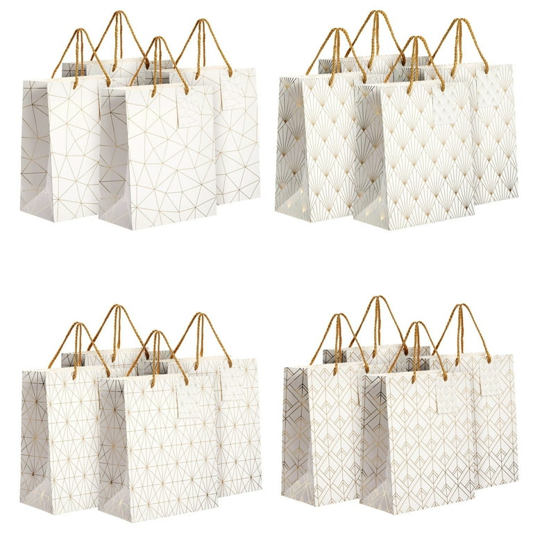 16-Pack Medium White and Gold Gift Bags with Handles & Tags for Weddings  Baby Bridal Showers Birthday Party Favors, 4 Geometric Foil Designs (8 x 10  x