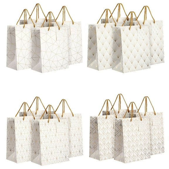 Sparkle and Bash Party Favor Bags - 8" x 10" x 4.5", Medium White & Gold, 16 Pack - Geometric Foil w/Rope Handles & Tags - Reusable Thank You Gift & Mini Gift Bags for Wedding, Bridal & Baby Showers