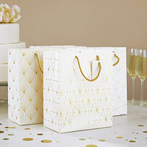 16-Pack Medium White & Gold Gift Bags with Handles & Tags, Geometric Foil Design for Weddings, Baby Showers, Birthday Parties