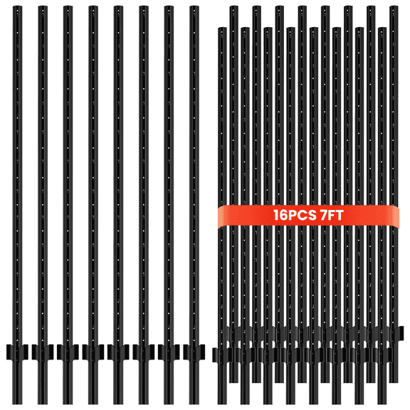 16 Pack Metal Fence Posts, 7 FT Garden Fence Post, T Post for Wire Fence, No Dig Steel U Post Fencing, Black Garden Stakes for Temporary Fencing, Electric Fence Wire, Corner Anchor