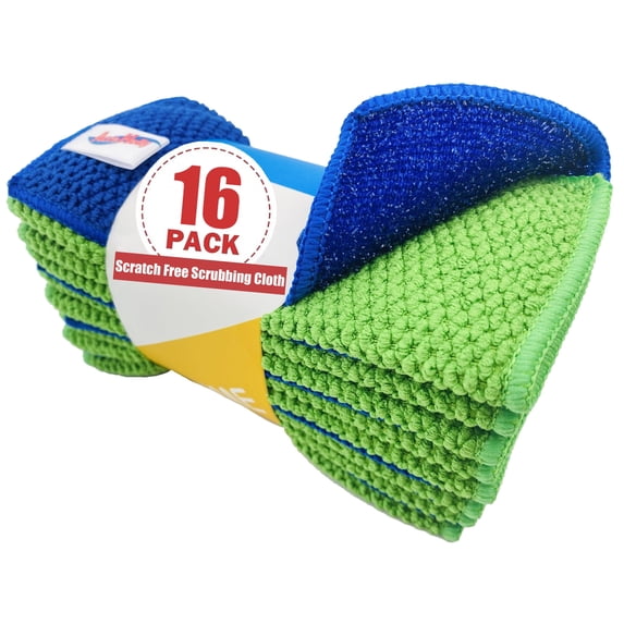 16-Pack Reusable, Scrub Dish Cloth –Non-Scratch Microfiber Scrubber, Planet-Friendly, Easy Rinsing, Quick Dry, Dishwasher Safe Cloth for Kitchen & Household, 6 x 6 Inch, Blue & Green Assorted