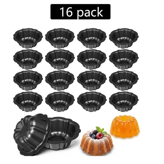 16 Pack Mini Flan Molds, 4.6 Inch Fluted Mini Cake Pans, Nonstick Carbon Steel Baking Pans for Cupcakes, Muffins, Brownies, and Puddings