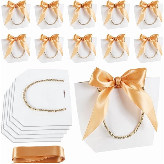 16 Pack Party Favor Bags with Ribbon White Cardpaper Gift Bags with Handles Tote Gift Wrap Bags for Birthday Wedding Bridesm Present Celebration Holiday2.8x8.2x6.3inch(7.1x21x16cm)