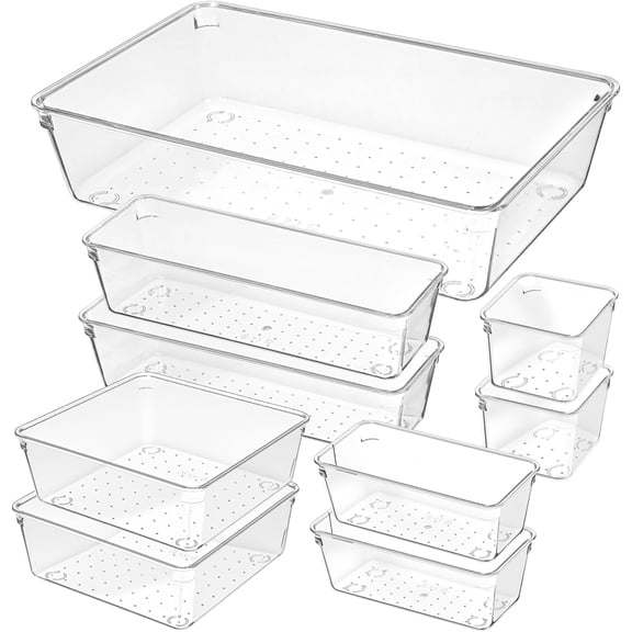 16 Pack Plastic Drawer Organizers Set, 5-Size Kitchen and Office Desk Drawer Organizer Trays, Acrylic Non Slip Storage Bin Divider for Makeup,Jewelry,Gadgets Utensils,Bedroom,Bathroom Vanity,Clear