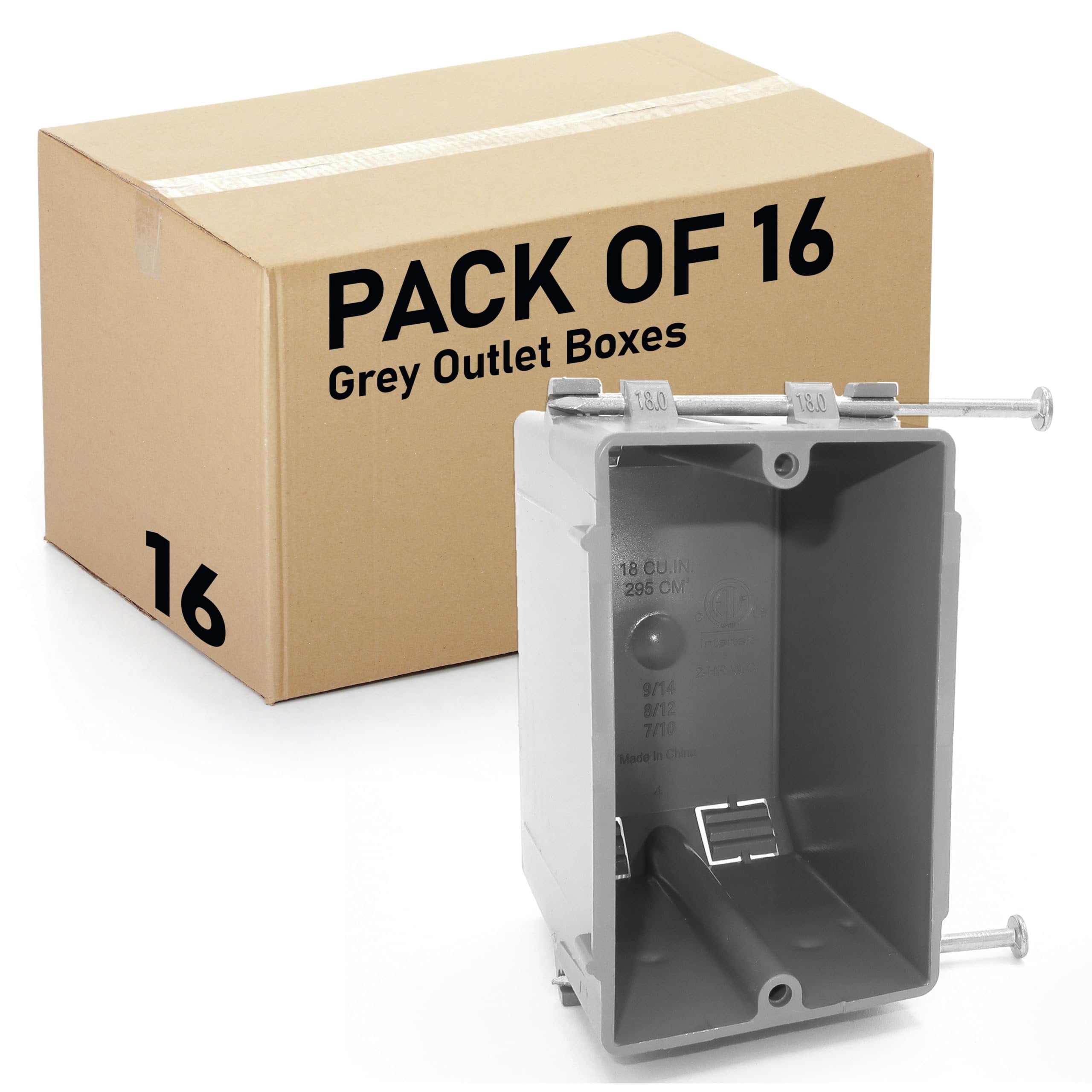 16 Pack Plastic Electrical Box, Grey Outlet Box, Single Gang New Work Junction Box, Captive Nails, 18 cu. Inches, Length 3.75'', Width 2.25'', Depth 2.875'', 2 Hour Fire Rated Electrical Outlet Box