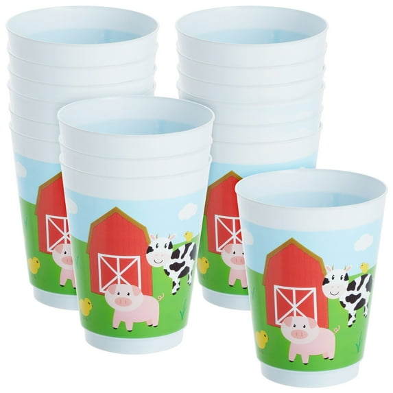 BLUE PANDA 16 Pack Plastic Farm Animals Cups - Barnyard for Birthday Party Supplies (16 oz)