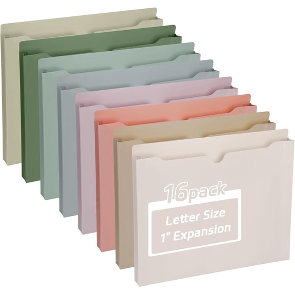 16 Pack Plastic File Jackets Letter Size, 1 inch Expanding File Pockets Reinforced Heavy Duty File Folder Jackets for Office, School Document Organizer (Morandi)