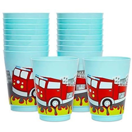 BLUE PANDA 16 Pack Plastic Fire Truck Cups for Kids, Firefighter Party Favors for Birthday Supplies (16 oz)