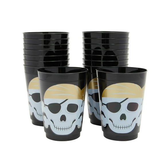 Sparkle and Bash Pirate Cups - 16 oz, Black, 16 Count - Durable Reusable Skull Plastic Tumblers & Pirate Party Supplies