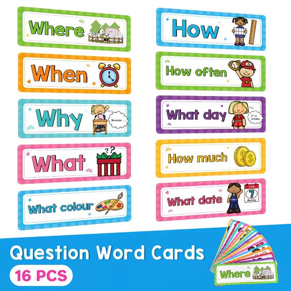 16-Pack Question Words Flashcards for Kids - Durable Kindergarten Learning Aids & Classroom Decor