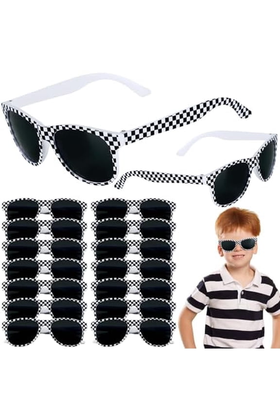 16 Pack Race Car Checkered Sunglasses White Black Frame Checker Sunglasses Bulk for Racing Party Favors Essentials & Gear Up With Hot Car Plastic Glasses for Racing Theme Birthday Party Gifts