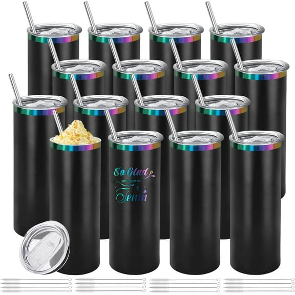 16 Pack Rainbow Plated Stainless Steel Tumbler Straight Double Wall Powder Coated for Laser Engrave, 20oz Black To Iridescent