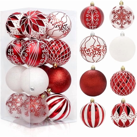 16-Pack Red Painted Christmas Ball Ornament Set, Coordinated Hanging Baubles with Glitter, Stripe and Snowflake Designs, Christmas Tree, Wreath, Garland, Holiday Party and Home Decor