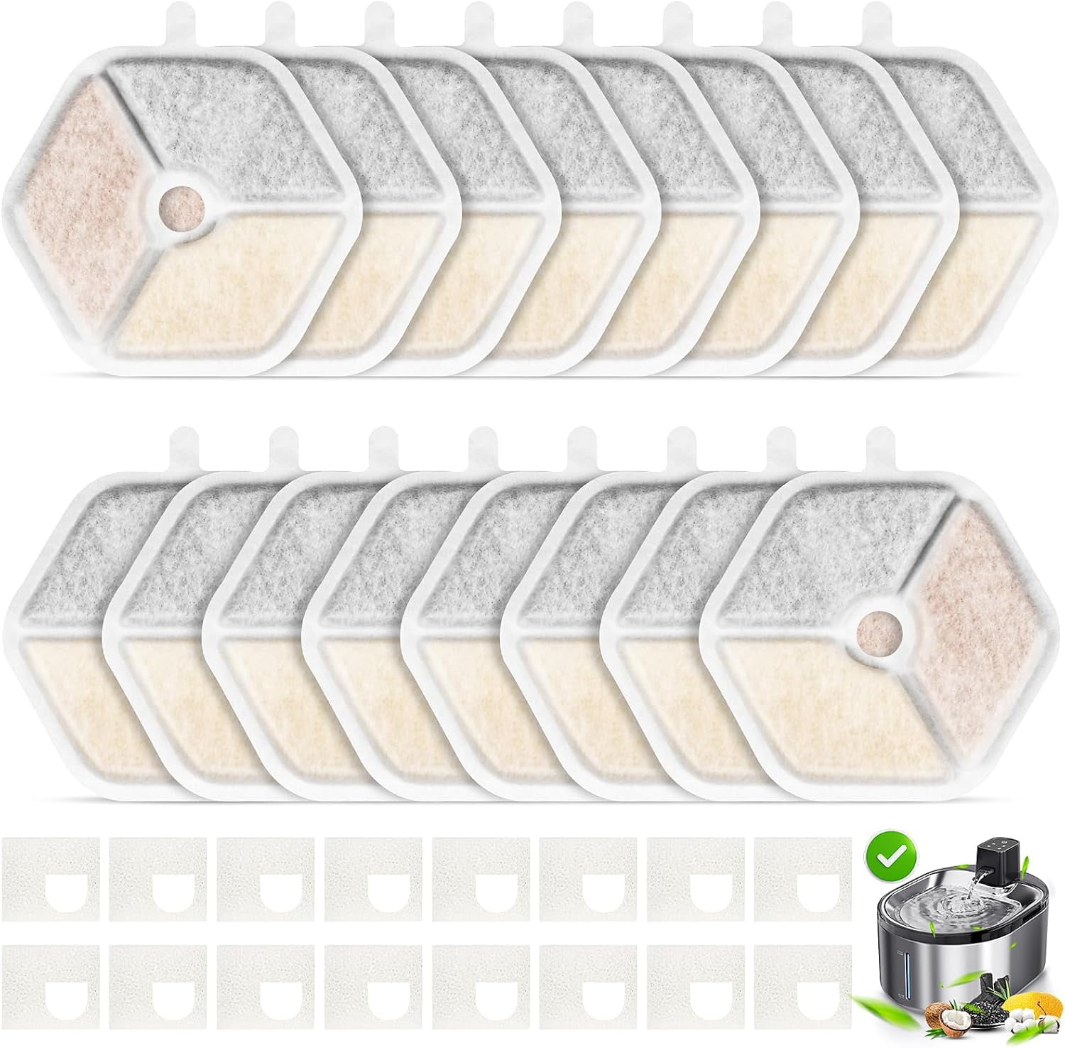 16 Pack Replacement Filters & 16 Pack Sponges for 152oz/4.5L Wireless Cat Water Fountain PTM-643