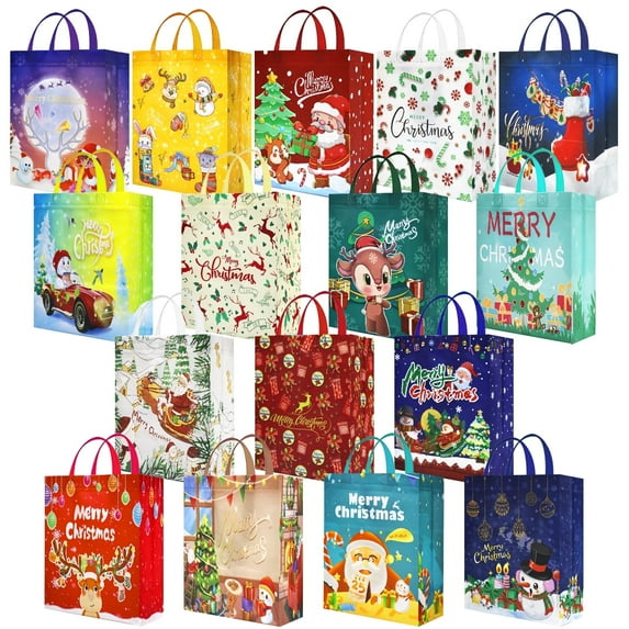 16 Pack Reusable Christmas Gift Bags with Handles – Christmas Tote Bags Bulk Reusable, Xmas Gifts Wrapping, Christmas Bags for Gifts, Christmas Party Favors, Goodie Bags, Treat Bags