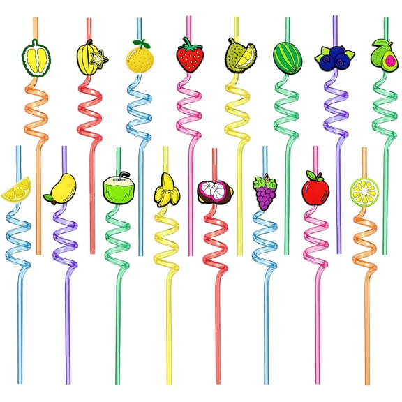 16-Pack Reusable Fruit Spiral Drinking Straws with Decorative Charms for Party Supplies, Bar Accessories, and Festive Event Celebrations Drinking Straws #A4 Green_024