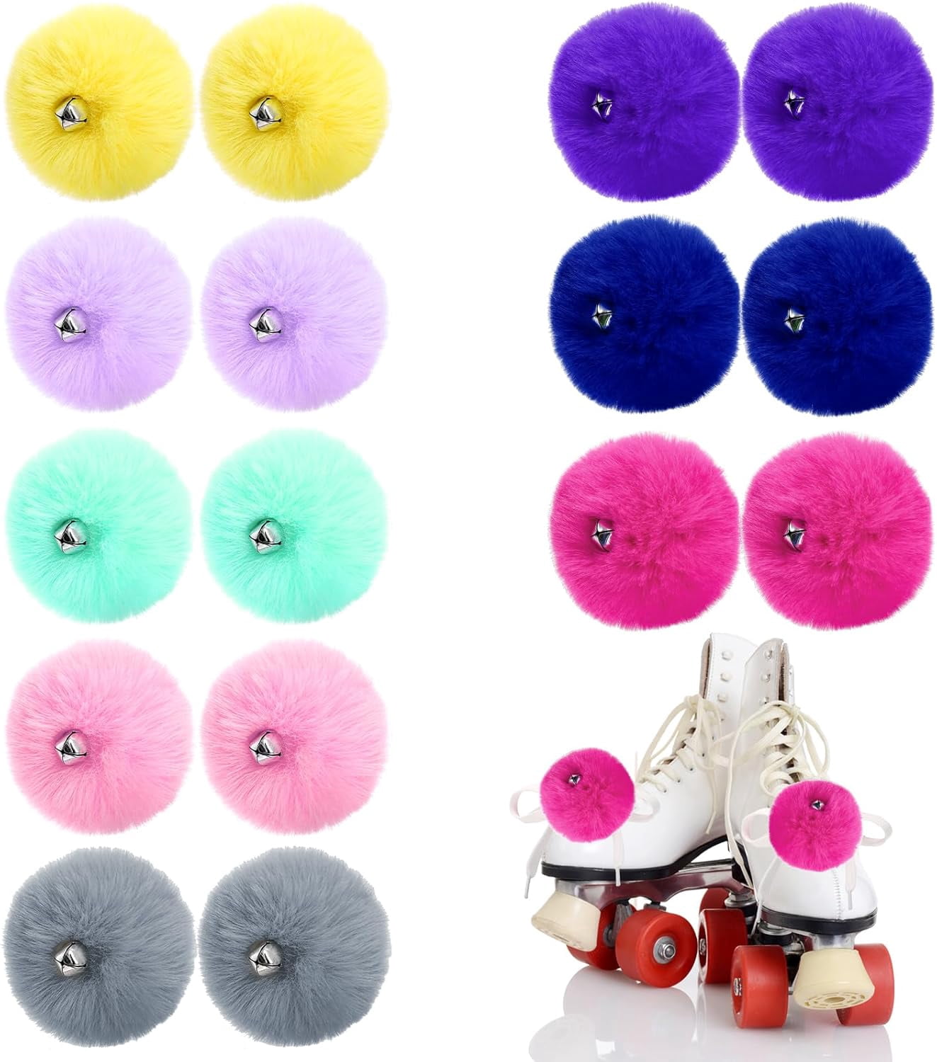 16 Pack Roller Skate Pom Poms with Bells for Women Girls Princess, Fluffy Tie-on Ice Skate Pompom Puff Balls, Fuzzy Pom Poms Quad Roller Skate Accessories, 8 CM, Assorted Colors