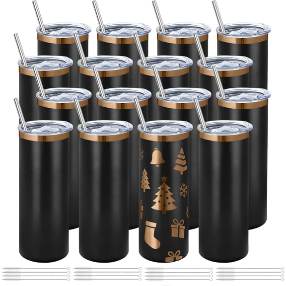 16 Pack Rose Gold Plated Stainless Steel Tumbler Straight Double Wall Powder Coated for Laser Engrave, 20oz Black to Bronze