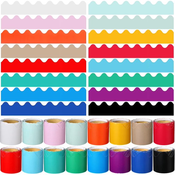 16 Pack Scalloped Bulletin Board Borders Set Colorful Rolled Scalloped Border Trim Plain Bulletin Board Border for Desks, Locker Displays, Home or Classroom Decoration, 16 Colors