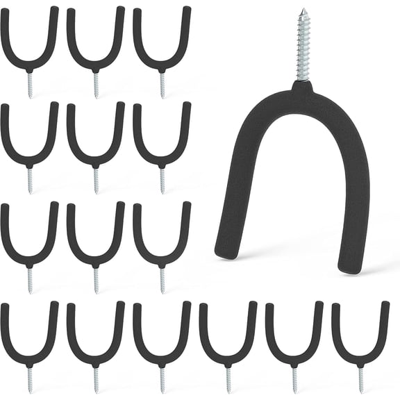 16 Pack Screw in U Hook Value Set Multi-Purpose Wall Organizers Vinyl Coated Steel Utility Hangers U Hooks for Hanging Garden Tools Mops Brooms and Home Items Black